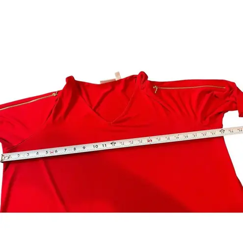 Susan Graver Red Liquid Knit Gold Arm Zipper 3/4 Sleeve Pullover V-neck 1x Top