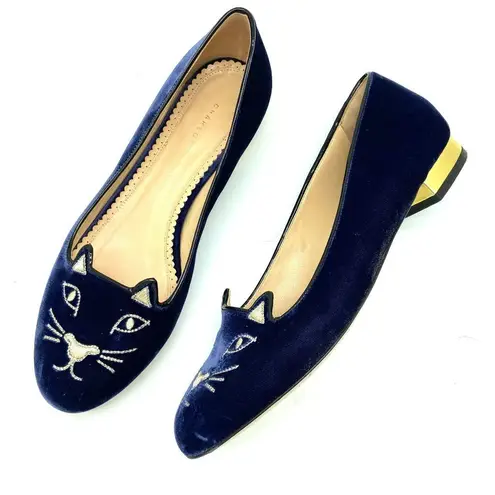 Charlotte Olympia Kitty Cat Navy Blue Velvet Flats Loafers Gold, EU 39 US 8.5-9