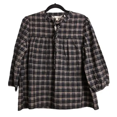 Barbour Lorelie Top Praline Plaid V-neck Seersucker Puff Sleeves 8 New
