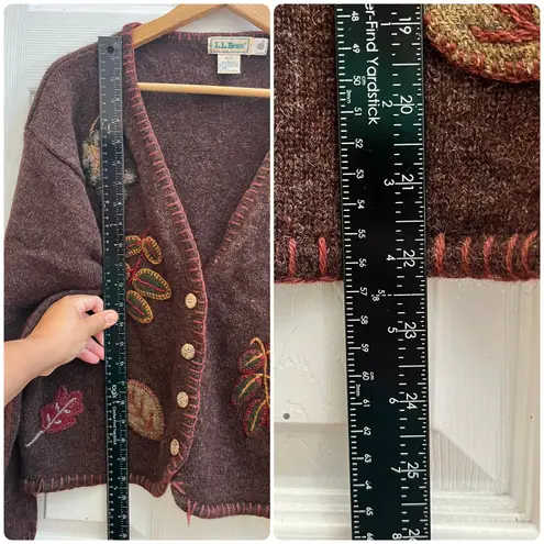 Vintage LL Bean Flaw Shetland Wool Appliqué Button Up Cardigan Size Large Brown