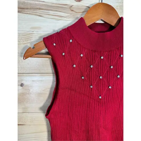 T Tahari  Women's Large Red Rhinestone Mock Neck Sleeveless Ribbed Sweater Pullov