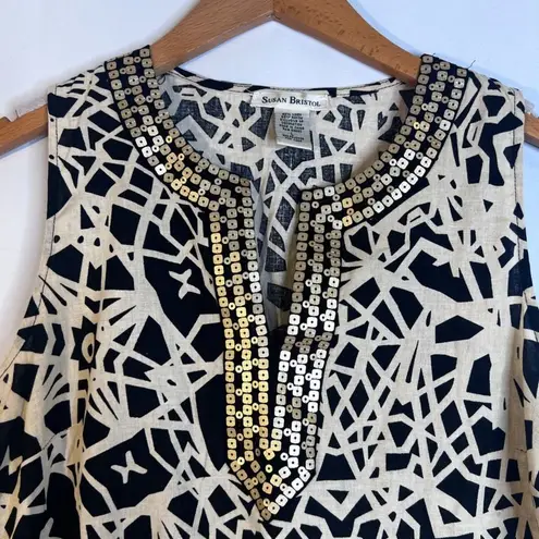 Susan Bristol Bold Black Tan Abstract Geo Print Linen Blend Tank Blouse Size LRG