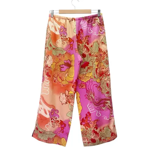 Natori Asian Dragon Floral Pajama Set Peach Pink Lime Gold Print Size Medium Orange