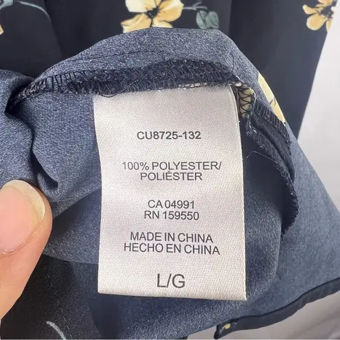 Hilary Radley Navy Floral Blouse, Yellow Flowers, Polyester, Flutter Sleeve Top