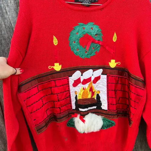 Vintage 90s Ugly Christmas Cozy Hearth Wreath Stockings Dog on Rug Sweater LARGE Red