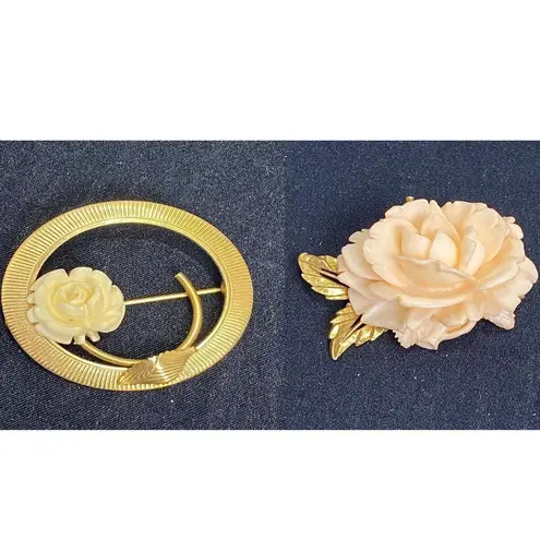 Vintage Resin Flower Brooches Gold Tone Rose Pins Bundle 80s 60s Costume Jewelry Pink