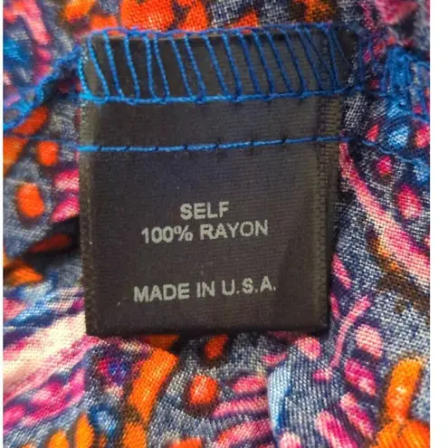 Mabel Navy Orange & Blue Paisley Tasseled Neck Tunic Top Women Large Boho NWT