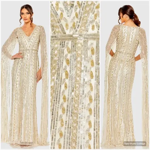Mac Duggal 5915 Womens Nude Gold SEQUINED V-NECK GOWN Dress WITH CAPE SLEEVES