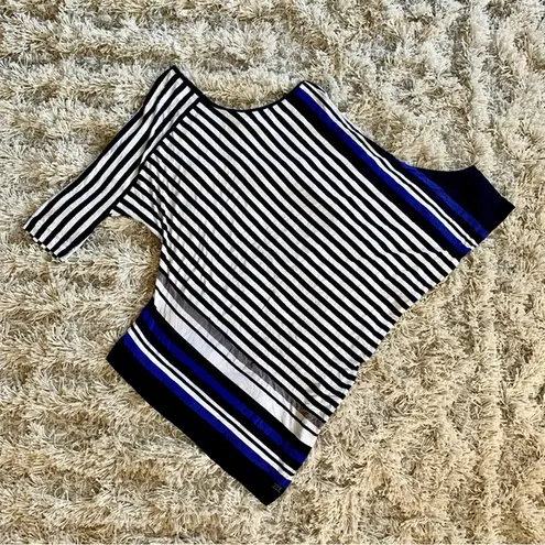 Y2K Early 2000s White/Blue Striped Asymmetrical Escada Thin Light Weight Top Blue Size L