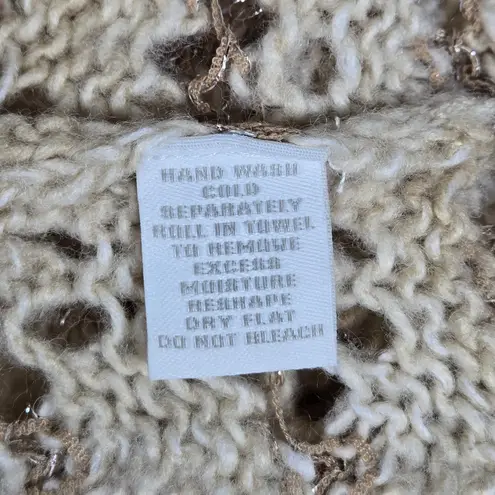 Charter Club Wool Blend Beige Brown Crochet Knit Cardigan Sweater L 3/4 Sleeve