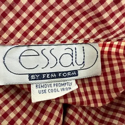 VTG ESSAY Ruffle Front Blouse Sz S Button Up Red Tan Western Retro Farmhouse