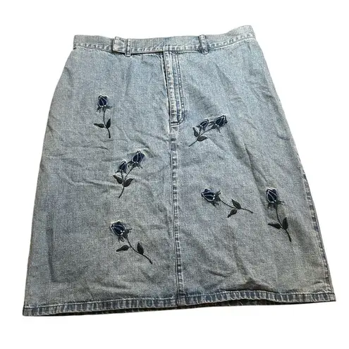 Liz Claiborne Vintage 1980’s  Denim Skirt 100% Cotton – Blue Embroidered Flowers