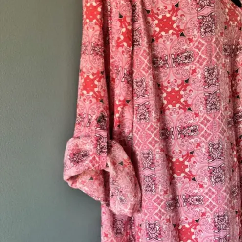 Fred David Tunic Pink 2X Floral Ethnic Roll Tab Sleeve V Neck Feminine Casual