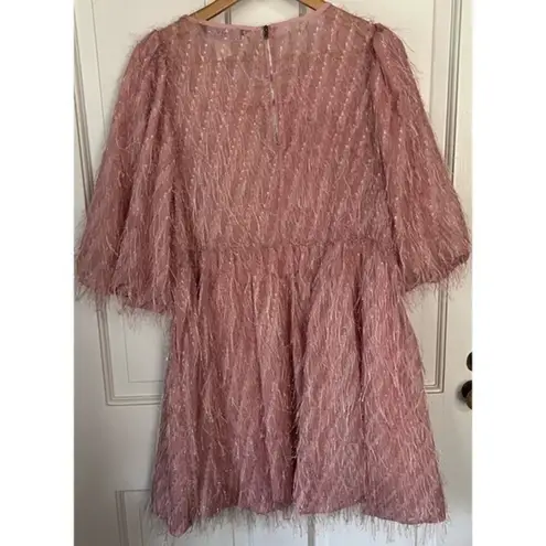 TOV Noir Pink Feathered Fringe Frill Bubble Sleeve Mini Dress Size 42 NWT