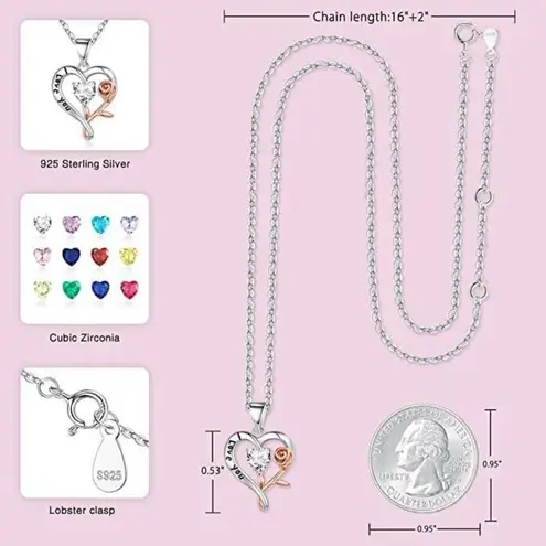 Love Heart Pendant Necklace for Women Sterling Silver Rose Flower Heart Necklace