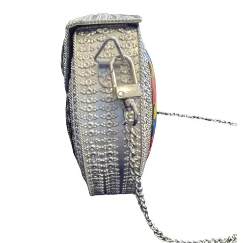 RAMLA L'Oriental Handmade Silver Multicolor Mosaic Metal Crossbody Clutch New
