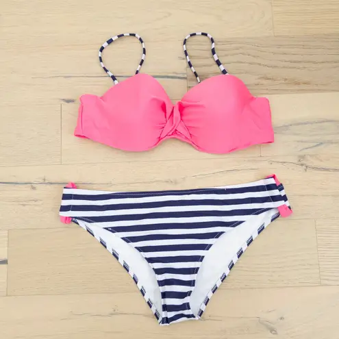 Womens Bikini Set Size XL Pink Navy Stripe Nautical Preppy Swim Coastal Y2K