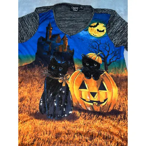 Women's Onque Casual PXL Halloween Black Cat & Pumpkin Long Sleeve Tee Blue Gray Size undefined