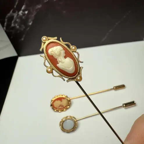 Lapel Stick Pin Gold Tone 1 Avon Lot Of 3 Cameo Lady Face, White Faux Opal