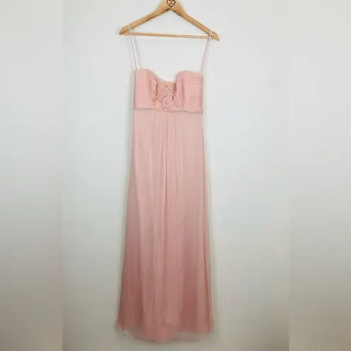 Amsale powder pink silk crinkle chiffon strapless dress with rosette detail. 4