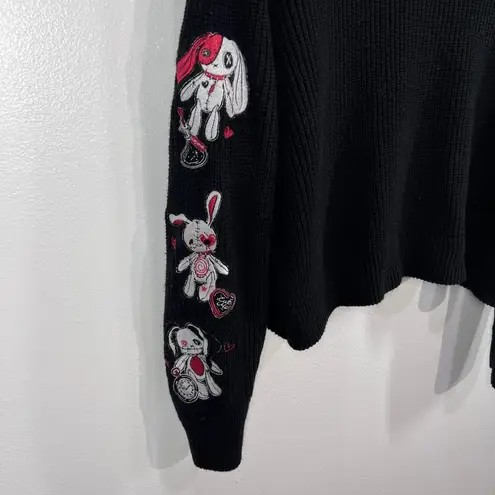 SocialCollision Eat Me Bunny Cardigan Black Embroidered Goth Grunge Knit Sweater Size M