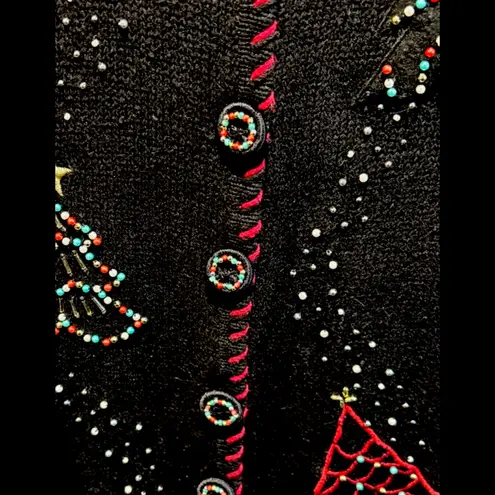 DESIGNER ORIGINALS STUDIO FA LA LA LADIES HOLIDAYCARDIGAN 2XL BUTTON FRONT BEAD Black Size 2X