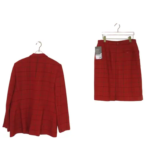 Jones New York Vintage Red Plaid Skirt Suit Wool Blazer & Skirt Retro Size 12
