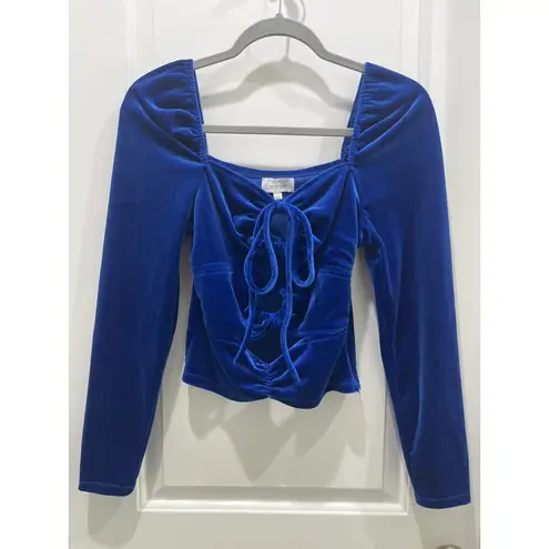 Torn By Ronny Kobo Petra Long Sleeve Cut Out Electric Blue Velvet Crop Top Sz M