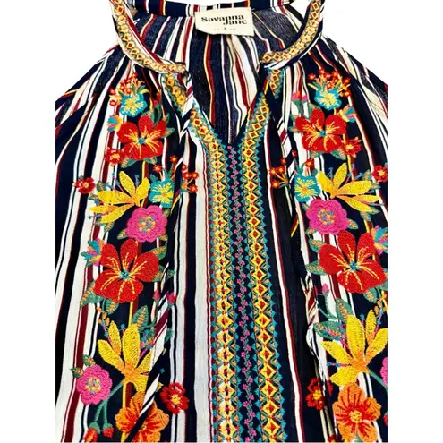 Beautiful Savanna Jane Sleeveless Striped Floral Embroidered Boho Top Small Blue