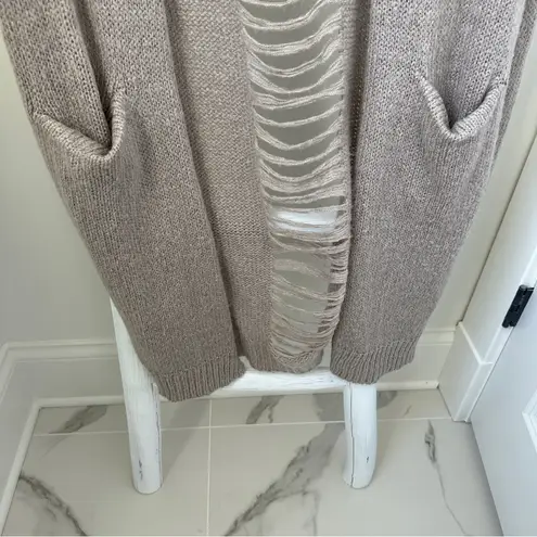 Lovestitch Distressed Cozy Taupe Open-Front Sweater Cardigan SZ Large