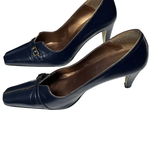 Jonathan Martin Navy Leather Buckle Strap Pumps 7.5 Classic Vintage Heel Shoes
