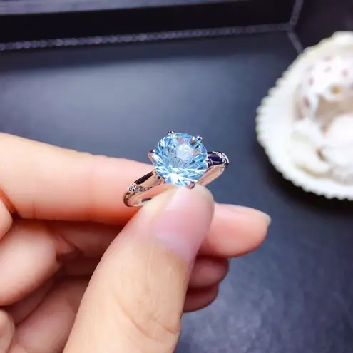 18K White Gold Plated Adjustable Blue Crystal Aquamarine Sapphire Ring for Women