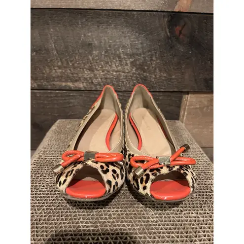 Sole Society Sole Society Ladies Orange & Leopard Print Peep Toe Flats Bow Accent Size 7B