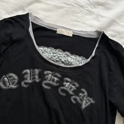 Japanese brand Black and grey lace layered tee gothic font Queen top Size large