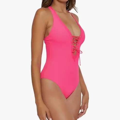 Becca Modern Edge One Piece Swimsuit Plunge Neck Criss Cross Medium Pink Neon