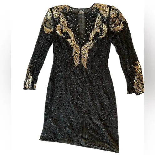 Laurence Kazar Vintage 80s Cocktail Party Black Gold Sequined Beaded Silk Dress