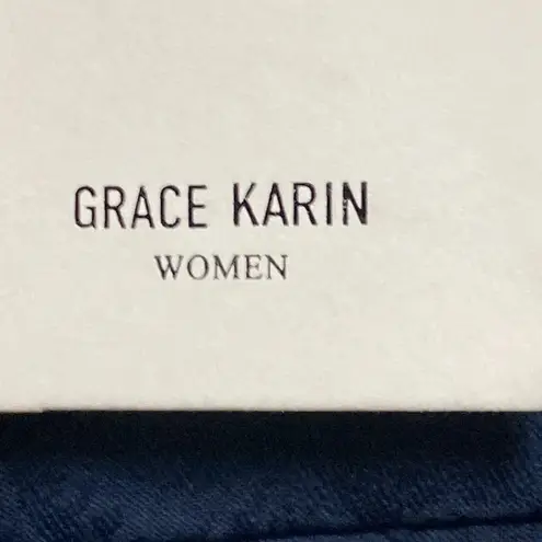 Grace Karin NWT WO SIZE XL NAVY BLUE BELTED FLORALDESIGN RUFFLES FAUX WRAP DRESS