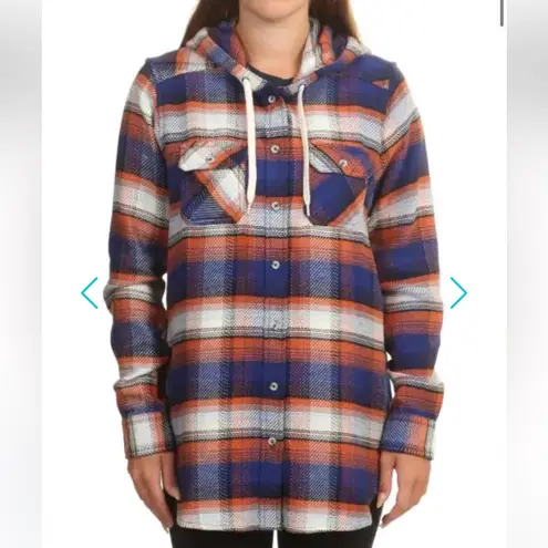 KAVU Women’s Jess Coastline long sleeve plaid cotton button up hoodie Sz L. EUC