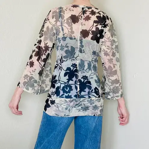 Karen Kane Sheer Burnout Black & Ivory Floral Flare Sleeve Blouse