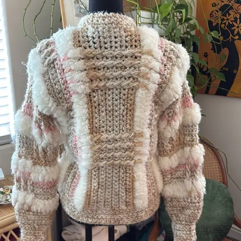 Vintage 80s Le Sweater Hand Knit Zip Up Sweater Jacket Tan Size M