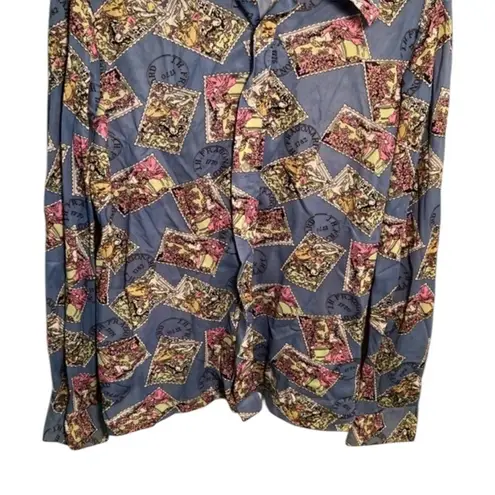 Fragonard Button Down Blouse Light Blue Stamp Artwork XL