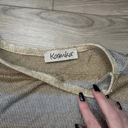 Kosmika Sheer Metallic Futuristic Gold Silver Short Sleeve Top Small