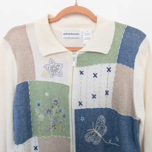 VTG Alfred Dunner Womens Sweater Size S Cream Butterfly Floral Cottage Patchwork