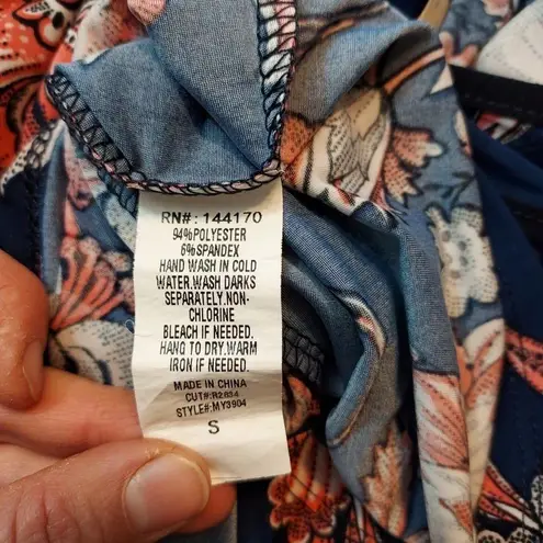 Lavish Blue Multicolor Floral Key Hole Tie Back Lightweight Summer Tank Top