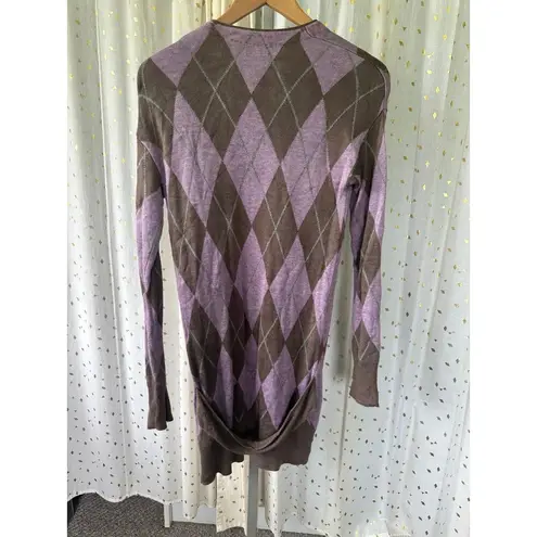 Plenty By Tracy Reese Brown Lavender Argyle Button Down Duster Long Cardigan S