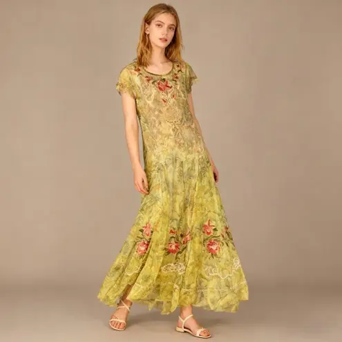 Johnny Was NWOT Arisoe Floral Mesh Embroidered Maxi Dress Green Orange Size S