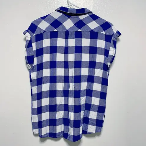 Rails Blue and White Buffalo Checkered Flannel Short Sleeve Button Down Top