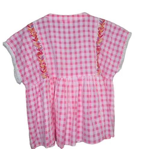 THML Anthropologie Bohemian Gingham Geometric Embroidered Blouse Top Shirt Sz M