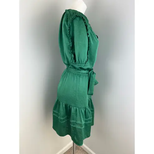 Current Air Green Belted Crepe Ruffle Tiered Tie Neck Dress Small