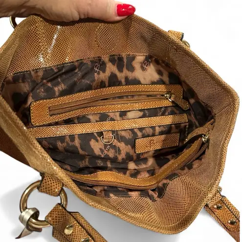 B. MAKOWSKY LEATHER SHIMMER SNAKE BROWN LIZZARD SHOULDER HANDBAG GOLDTONE TRIM